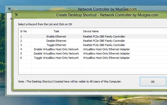 Screenshot of Network Controller Software to Create Desktop Shortcut to Control Indivual Network Connections on Windows 8